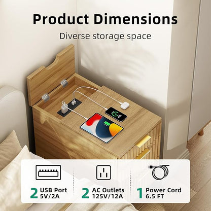 Kalrin Narrow Nightstand with Hidden Outlets & USB Ports, Modern Fluted Bedside Table with 3 Drawers, Engineering Wooden End Tables for Bedroom and Living Room(Natural Oak)
