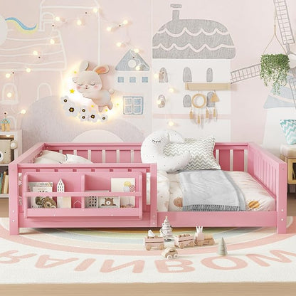 Bellemave Full Floor Bed with Slats and Rails, Full Size Montessori Floor Bed with Bookcase and Fence, Easy Assemble Montessori Beds for Girls, Boys, Pink Floor Beds