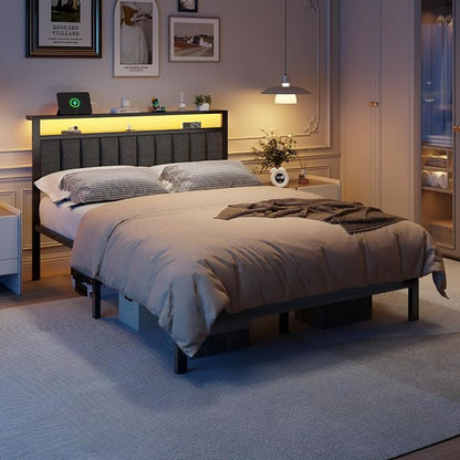 Furnulem Queen Size Bed Frame with Charging Station and LED Lights, Platform Bed with Metal Slats, Grey Upholstered Headboard with 2-Tier Storage Shelves, No Box Spring Needed
