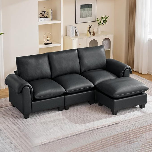 96" Faux Leather Modular Sectional Sofa with Movable Ottoman, Oversized 3 Seater Couch with Curved Armrests, Cloud Modern L-Shaped Sofa Deep Seat for Living Room, Black