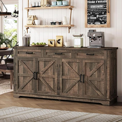 usikey Buffet Cabinet, 61” Large Sideboard Buffet Storage Cabinet with 3 Drawers, Farmhouse Coffee Bar with 4 Doors, Buffet Table for Kitchen, Living Room, Antique Oak