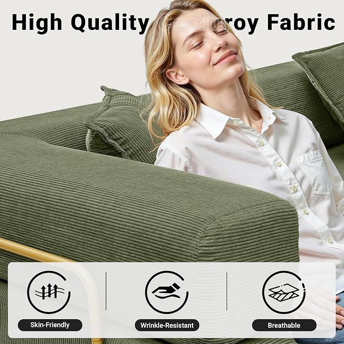 ivoros 108" Oversized Convertible Sleeper Sofa Bed, Corduroy L Shape Sectional Couch, Folding Sofa Bed with Fixed-Shape Frame, Modern Cloud Floor Mattress Couch, Modular Sofa for Living Room, Green