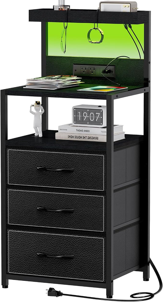 SZLHANJZ LED Nighstand with Charging Station, Night Stand with 3 Drawers and LED Lights, Storage Side Table with 3 Shelf and Hooks, Bedroom End Table for Bedside, Modern Black