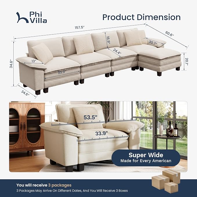 PHI VILLA Cloud Modular Couch Sets, 157.5" Oversized Sectional Sofa with L-Shaped Chaise, 5-Seater Upholstered Couches with Movable Ottoman for Living Room, Chenille Beige