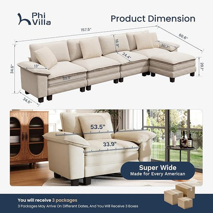 PHI VILLA Cloud Modular Couch Sets, 157.5" Oversized Sectional Sofa with L-Shaped Chaise, 5-Seater Upholstered Couches with Movable Ottoman for Living Room, Chenille Beige