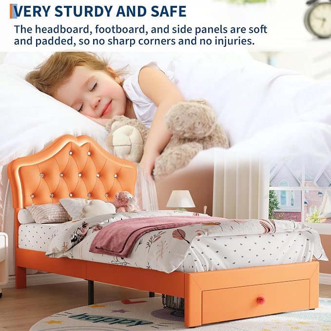 Twin Size Bed Frame for Girls with Storage Drawers & LED Lights, Upholstered Platform Bed, Velvet Crystal Button Princess Bed, Noise-Free Slats, No Box Spring Needed for Kids, Teens, Orange