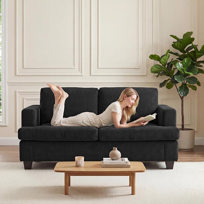 Apicizon 63" Loveseat Sofa Couch, Cloud Couch Lounge Sofa with 2 Cushion for Bedroom, Corduroy Lounge Sofa for Living Room Aparment, Dark Grey