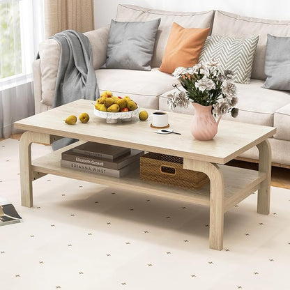 Giantex 2-Tier Coffee Table with Storage, 47” Mid Century Rectangle Accent Table with Open Shelf, Large Tabletop & Curved Legs, Rustic Style Wood Cocktail, Center Table for Living Room, Natural