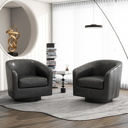 Swivel Barrel Accent Chair, Modern Round Faux Leather Arm Chair for Living Room, Bedroom, Comfy Club Reading Chairs for Adults(Faux Leather, Black Grey, Set of 2)