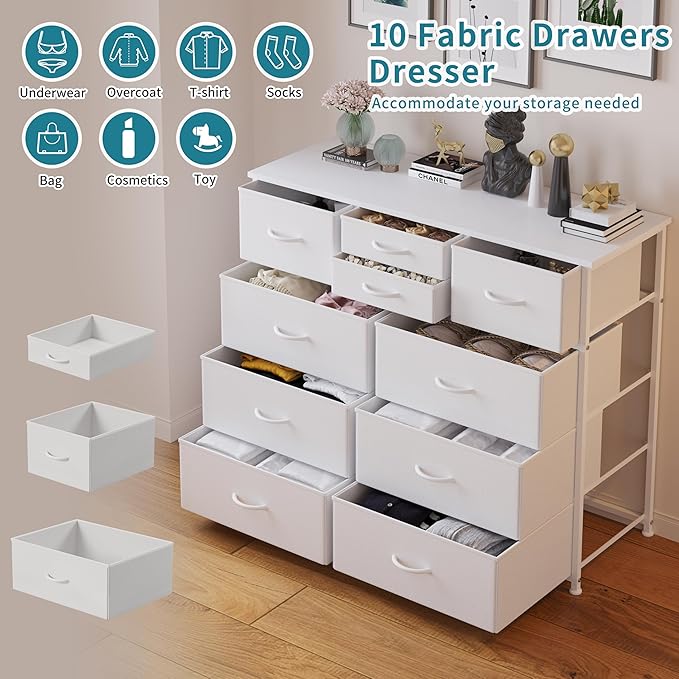 LUMTOK 10-Drawer Dresser, Fabric Storage Tower with Drawers for Bedroom, Dresser Drawer with Handle for Bedroom, Living Room, Hallway, Closets & Nurseryteel Frame, Wood Top (10 Drawer/White)