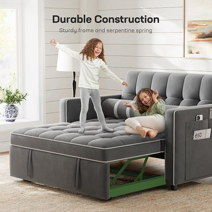 Marsail 3-in-1 Convertible Futon Sleeper Sofa Bed, Pull Out Couch with Adjustable Backrest, USB Charging & Side Pockets, Velvet Fabric Sofa for Living Room, Apartment, Loveseat, Grey