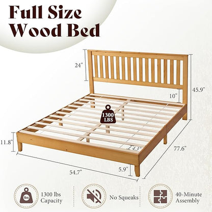 AMERLIFE Full Bed Frame, Solid Wood Platform Bed with Vertical Slats Headboard, Wooden Bedframe Full-Size, Sturdy Wooden Slats Support, No Box Spring Needed, Noise Free, Light Wood