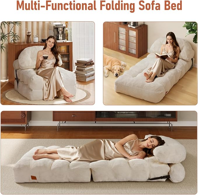 Folding Sofa Bed, Convertible Chair Bed with Back Support and Pillow Futon,Foldable Boneless Chair for Living Room/Guest Use/Home Office, Foldable Couch for Adults, Beige