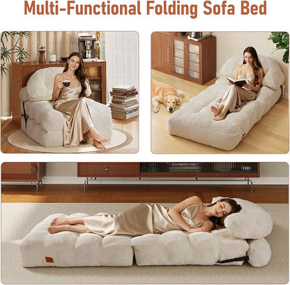 Folding Sofa Bed, Convertible Chair Bed with Back Support and Pillow Futon,Foldable Boneless Chair for Living Room/Guest Use/Home Office, Foldable Couch for Adults, Beige