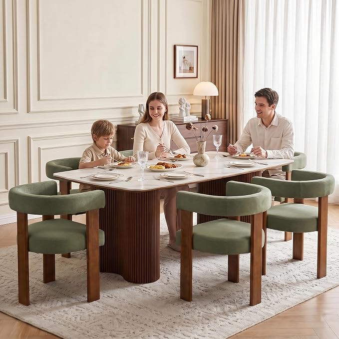 Usaint Wooden Barrel Dining Chairs Set of 6, Mid-Century Modern Upholstered Dining Room Chairs with Walnut Wood Legs and Loop Back, Comfy Accent Arm Chair for Dining Room, Kitchen, Living Room, Green