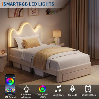 IDEALHOUSE Twin Bed Frame with LED Headboard and Under-Bed Drawer, Metal Upholstered Platform Bed with LED Light for Kids, Girls, Lamb Fleece Fabric, Wooden Slats Support, No Box Spring Needed, White