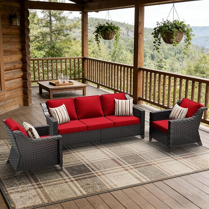 3 Pieces Patio Conversation Furniture Set - 1 Sofa, 2 Armchairs, Outdoor Wicker Furniture with Removable Cushions for Porch, Balcony, Sunroom (Red)