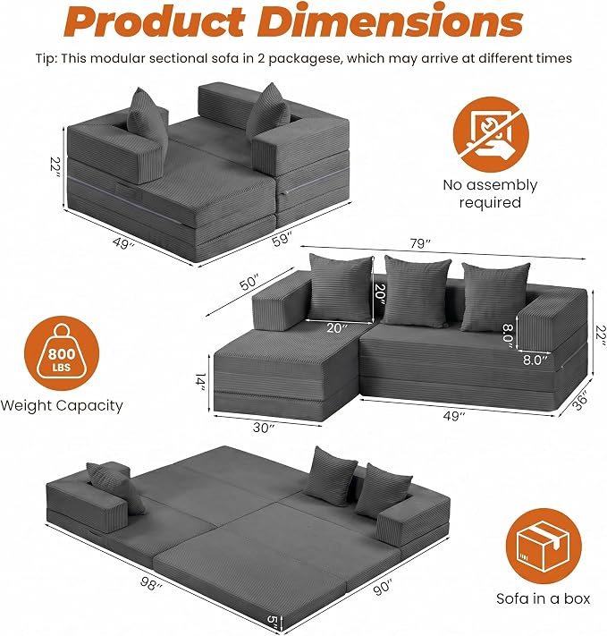 6-in-1 Tri-Folding Mattress | Cloud Boneless L-Shaped Modular Sectional Couches | Corduroy Pet-Friendly Convertible Futon Sofa Bed with 800LB Capacity Apartment, Guest Room, Game Room