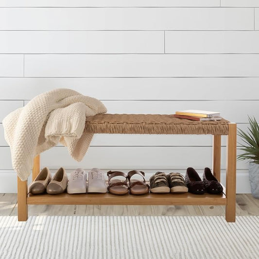 Alaterre Furniture Newport 40 Inch Solid Wood Entryway Bench - Modern Farmhouse Indoor Decorative Bench with Handcrafted Woven Rope Seat - Furniture for Entryway, Dining Room, or Kitchen (Light)