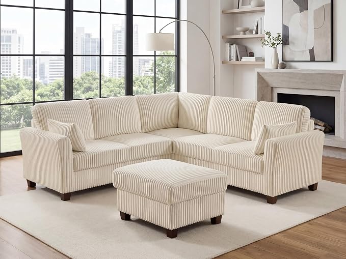 VANOMi Sectional Corner Couch, Corduroy L Shaped Sofa, 6-Seat Couch,Beige