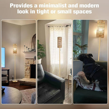 Ambimall 64'' Floor Lamp for Living Room with 3 Color Temperatures Bulb, Boho Gold Standing Lamp with Beige Rattan Shade