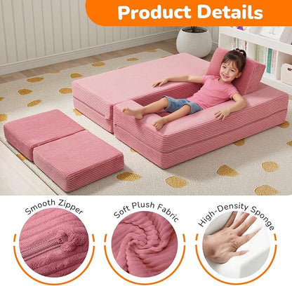 MeMoreCool Pink Corduroy Kids Play Couch, Modular Toddler Couch for Girl's Bedroom, Convertible Foam Kids Sofa Fold Out, Washable Cover, Playroom Furniture for Girls Ages 1-5