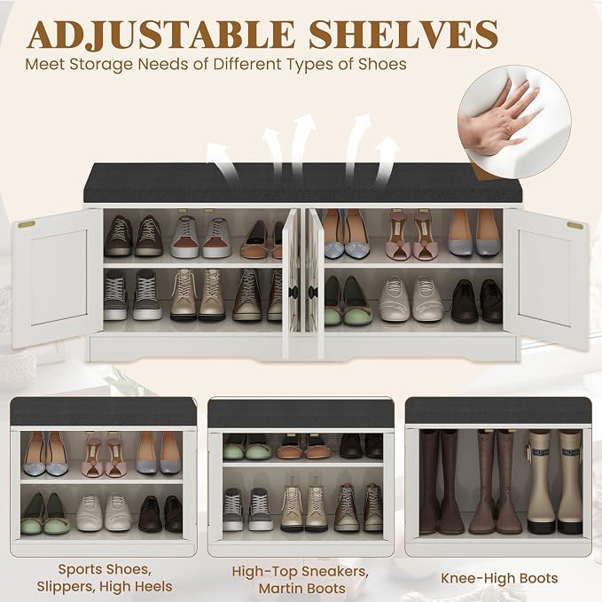 Apicizon Storage Bench with Seat Cushion, 2 Tier Entryway Bench with 4 Barn Doors, Adjustable Shelves, 47.36" Shoe Bench for Entryway Hallway Bedroom Living Room, Beige White