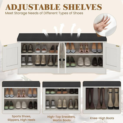 Apicizon Storage Bench with Seat Cushion, 2 Tier Entryway Bench with 4 Barn Doors, Adjustable Shelves, 47.36" Shoe Bench for Entryway Hallway Bedroom Living Room, Beige White