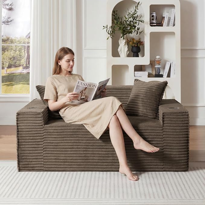 Boneless Sectional Sofa Couch with Cup Holders & Side Pockets, Modern Corduroy Fabric Deep Seat Loveseat Cloud Couch for Living Room Office, No Assembly (Brown)