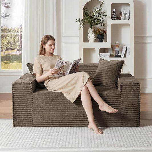Boneless Sectional Sofa Couch with Cup Holders & Side Pockets, Modern Corduroy Fabric Deep Seat Loveseat Cloud Couch for Living Room Office, No Assembly (Brown)
