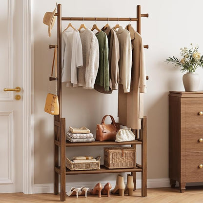 Yoobure Solid Wood Clothing Rack with Shelves - Coat Rack Freestanding with 6 Hooks, 3-in-1 Hall Tree for Hanging Clothes, Tall Garment Racks with Storage for Bedroom, Entryway, Living Room, Closet