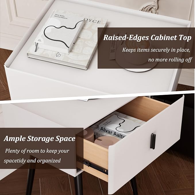 Nightstand Set of 2 with Single Drawer,Leather Side Table,Modern Bedside Table with Metal Legs for Bedroom,Small Accent End Table,White
