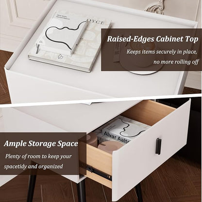 Nightstand Set of 2 with Single Drawer,Leather Side Table,Modern Bedside Table with Metal Legs for Bedroom,Small Accent End Table,White