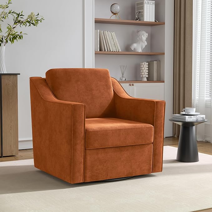 Swivel Accent Chair, 360° Swivel Upholstered Club Armchairs for Living Room, Comfy Single Sofa Reading Chair with Deep Seat, Metal Swivel Base, Chenille Fabric, Orange