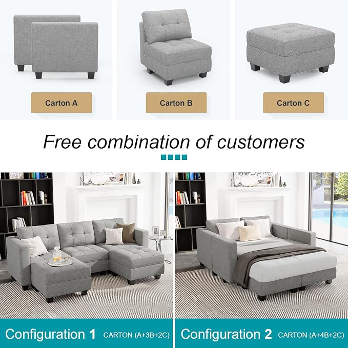 Belffin Reversible Storage Modular U-Shape Sectional Sofa Couch with Double Chaises Modular Sectional Sofa Set with Ottomans Fabric Light Grey