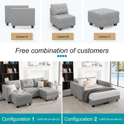 Belffin Reversible Storage Modular U-Shape Sectional Sofa Couch with Double Chaises Modular Sectional Sofa Set with Ottomans Fabric Light Grey