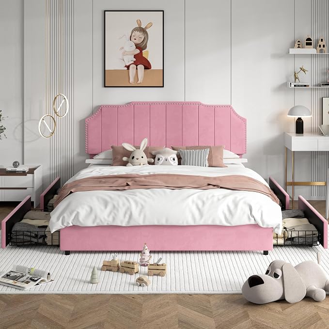 VECELO Queen Upholstered Platform Bed Frame with 4 Storage Drawers,Velvet Vintage Queen Bed with Nailhead Trim,Tufted Height Adjustable Headboard,Wooden Slats/No Box Spring Needed/Easy Assembly