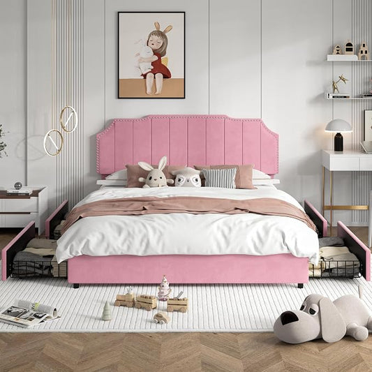 VECELO Queen Upholstered Platform Bed Frame with 4 Storage Drawers,Velvet Vintage Queen Bed with Nailhead Trim,Tufted Height Adjustable Headboard,Wooden Slats/No Box Spring Needed/Easy Assembly