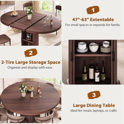 Jocoevol Extendable Round Kitchen Dining Room Table for 4-6 with 2-Tier Storage Shelf, 63'' Space Saving Expandable Wood Oval Circle Dinner Furniture with Pedestal Base (Brown)