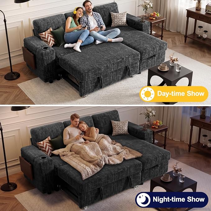 Vipbear Premium 86" Modular Sectional Sleeper Sofa, 3 Seat Chenille Sleeper Sofa with Pull Out Bed for Living Room, L Shaped Couch with Storage Chaise&Armrests|USB Ports|Cup Holders|Side Table, Grey