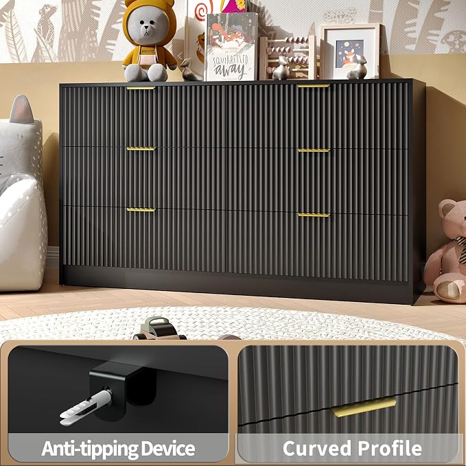 Black Dresser and Nightstand Sets, 6 Drawer Dresser Set for Bedroom 3 Piece, 55” Wide Fluted Wood Dressers W/Metal Handle & Night Stand Set of 2, Modern Bedroom Furniture Sets, Black