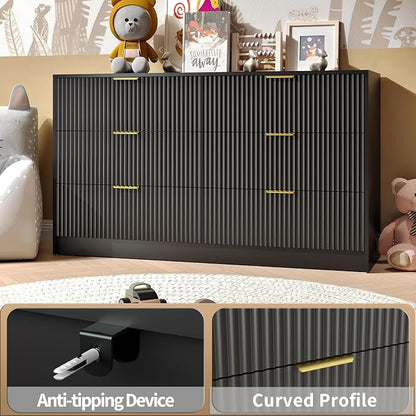 Black Dresser and Nightstand Sets, 6 Drawer Dresser Set for Bedroom 3 Piece, 55” Wide Fluted Wood Dressers W/Metal Handle & Night Stand Set of 2, Modern Bedroom Furniture Sets, Black