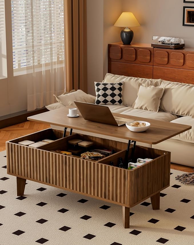 Rectangular Lift Top Coffee Table with Storage, Wood Fluted Modern Living Room Center Table for Home Office, Walnut