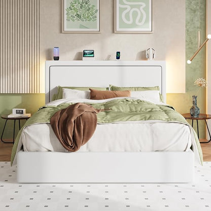 Allewie Full Size Lift Up Storage Bed Frame with Charging Station & LED Lights, Adjustable Velvet Upholstered Storage Headboard, Type-C & USB Ports, Hydraulic Support, No Box Spring Needed, White