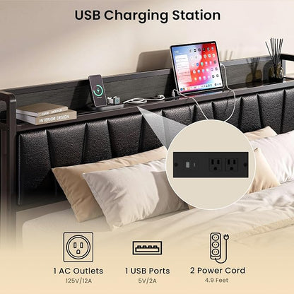 LIKIMIO California King Bed Frame, PU Leather Storage Headboard with Charging Station, Solid and Stable, Noise Free, No Box Spring Needed, Easy Assembly, Black