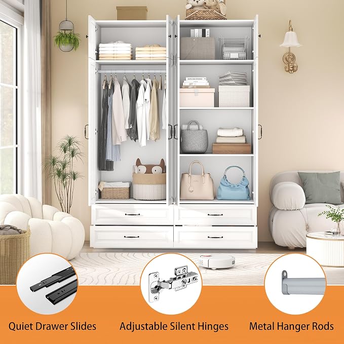 Armoire Wardrobe Closet with 4 Drawers: 88" White Bedroom Closet, Wood Wardrobe Closets with 4 Doors, Tall Armoire Cabinet and Storage Shelves for Clothing (63")