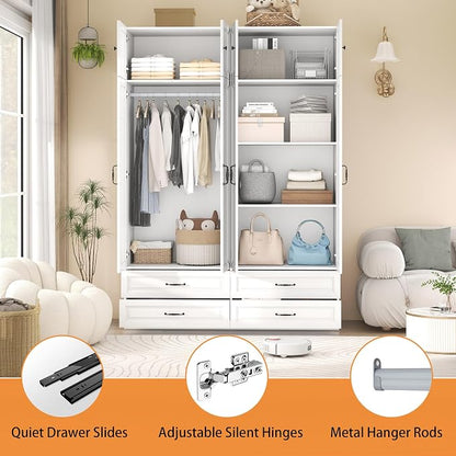 Armoire Wardrobe Closet with 4 Drawers: 88" White Bedroom Closet, Wood Wardrobe Closets with 4 Doors, Tall Armoire Cabinet and Storage Shelves for Clothing (63")