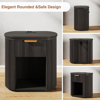 Fluted Nightstand with Charging Station, 23.6" Bedside Side Table with Drawer, Wood End Table with Storage, Curved Round Corner, Furniture Bedroom Sofa, Mid Century Modern, Vintage, Black,Set of 2