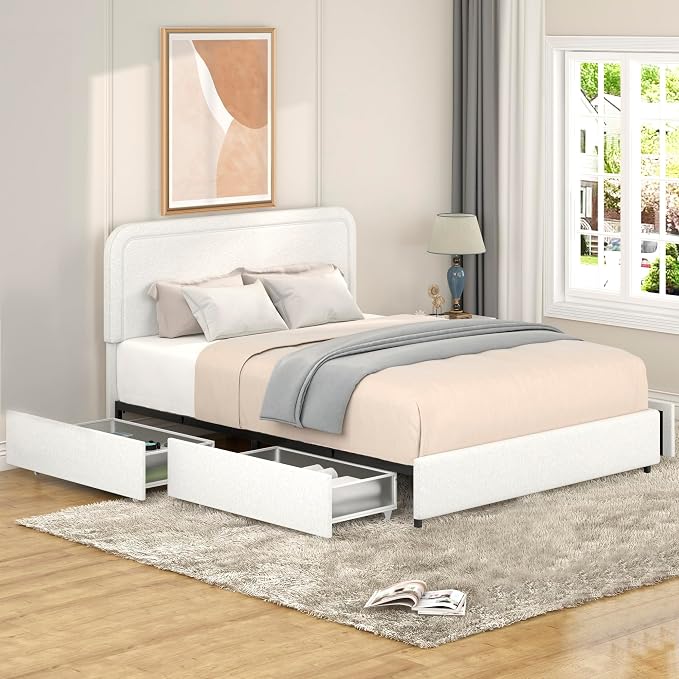 Ball & Cast Queen Size Bed Frame,Boucle Upholstered Platform Bed with Patented 4 Drawers Storage & Curved Stitched Headboard,Wooden Slats Support,No Box Spring Needed,Easy Assembly,Ivory