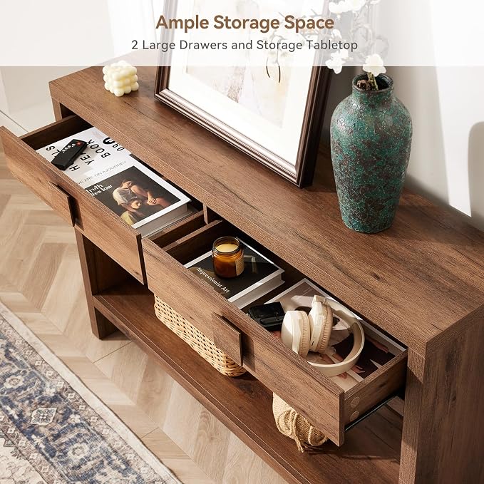 ONBRILL Console Table with Drawers, 40 Inch Narrow Entryway Table with Open Storage Shelves, Mid Century Modern Hallway Accent Tables Behind Couch Table for Living Room (Vintage Brown)